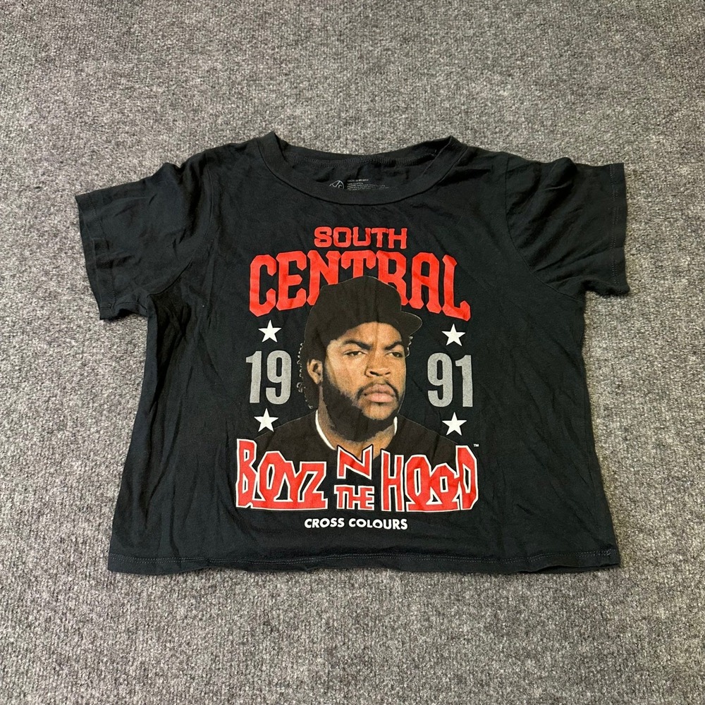 Cross Colours T-Shirt Womens Size L Black Boyz N The Hood Crop Streetwear Tee
